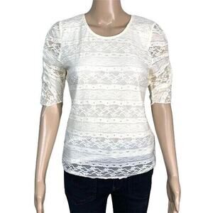 American Rag Womens Sweater Top Blouse Lace Keyhole Ivory Short Sleeve Small